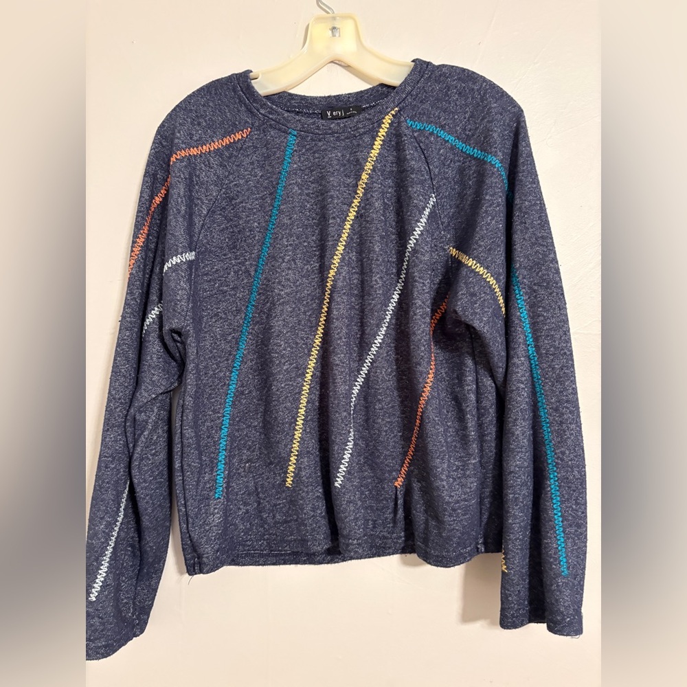 Very J Navy Sweater with Colorful Stitching
